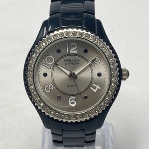 Gruen Embassy Watch Women 38mm Silver Tone Black Crystals Bling New Battery 6.5"